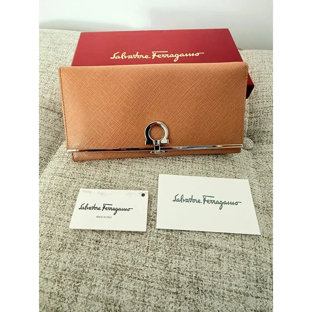 Salvatore Ferragamo Gancini Long Wallet – Beige Saffiano Leather Silver Hardware